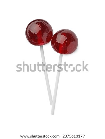 Two sweet red lollipops isolated on white, top view Royalty-Free Stock Photo #2375613179