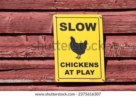 A yellow sign warning people to slow down for the chickens.