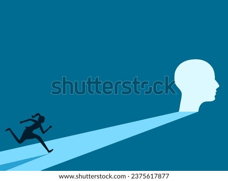 Opportunity for ideas. woman running to the human brain door 