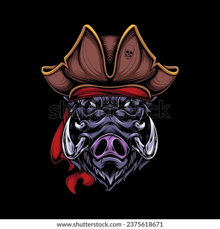 Vector illustration, head of a ferocious wild boar wearing accessories, on a black background.