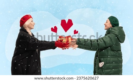 Poster. Contemporary art collage. Happy winter holidays. Beautiful senior woman holds presents. Friends gave presents with love for each other. Concept of friendship, happiness, New Year, Christmas.