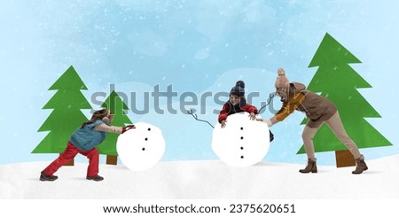 Poster. Contemporary art collage. Happy winter activities. Funny little kids with mother make snowman against painted background with fir-trees and snow. Concept of December, New Year, Christmas. Ad.