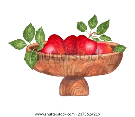 Wooden bowl with red apples and green leaves.Natural food fruits. Botanical artwork.Watercolor and markers.Hand drawn isolated art.