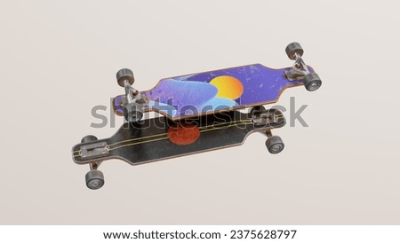 Horizontal frame of two floats skateboards in the center of the image on a cream background.