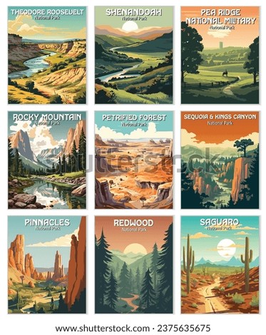 Set of 9 Vector Art of National Park. Template of Illustration Graphic Modern Poster for art prints or banner design. Theodore Roosevelt,Shenandoah,Pea Ridge National Military... Royalty-Free Stock Photo #2375635675