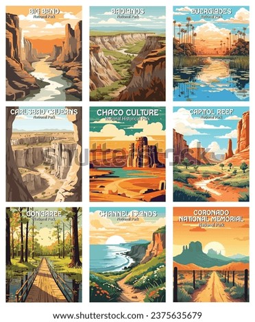 Set of 9 Pieces National Park Posters, National Park Art Prints Nature Wall Art and Mountain Print Set Abstract Travel for Hikers Campers Living Room Decor. Big bend, badlands, euerglades... Royalty-Free Stock Photo #2375635679