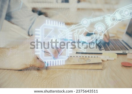 A man working on computer with technology theme drawing. Concept of big data. Multi exposure.