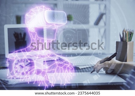 AR hologram over woman's hands taking notes background. Concept of augmented reality. Multi exposure