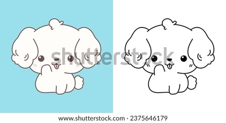 Cute Isolated Bichon Frise Dog Clipart Illustration and Black and White. Funny Isolated Doggy. Cartoon Vector Illustration of Kawaii Pet for Stickers, Prints for Clothes, Baby Shower. 