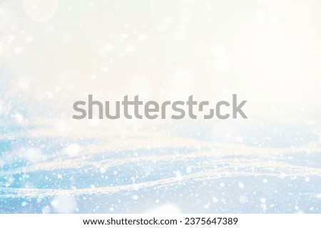 BLUE CHRISTMAS LANDSCAPE BACKGROUND WITH ICE, SNOW, SNOW FLAKES AND PASTEL SKY, CHRISTMAS BACKDROP FOR MONTAGE PRESENTS AND GIFTS