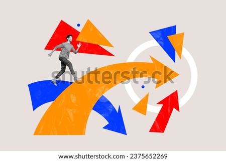 Concept collage of motivated businessman running to achieve his target arrow showing center challenge isolated on gray color background