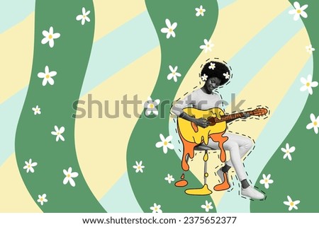 Cartoon graphics picture collage of cute pretty girl paying guitar enjoying summer season isolated on drawing background