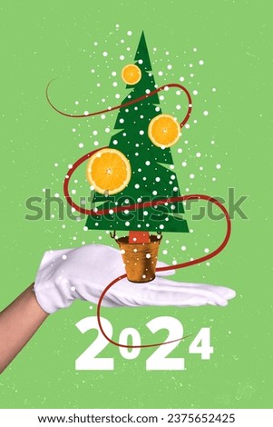 Composite collage picture image of hand glove hold tree decoration orange fruit happy merry christmas new year theme x-mas