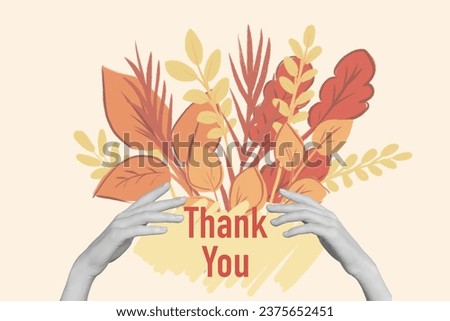 Collage image picture of arms hold present beautiful bouquet congratulations thank you isolated on drawing background