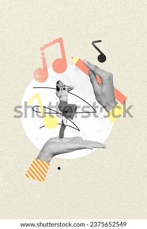 Vertical collage of black white effect arm palm hold mini excited girl listen music headphones draw melody notes isolated on creative background