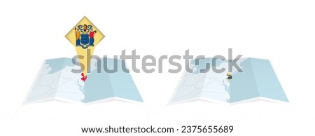 Two versions of an New Jersey folded map, one with a pinned country flag and one with a flag in the map contour. Template for both print and online design. Vector illustration.