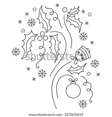 Christmas border or design element for greeting card with ilex leaves and berries, xmas ball, bell, snowflakes and stars isolated on white background. Hand drawn illustration. Not AI created. EPS 10.