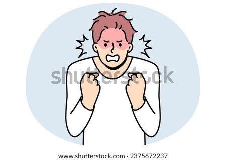 Furious young man clench fists struggle with madness or panic. Angry male feeling emotional and enraged. Rage and emotion control. Vector illustration. Royalty-Free Stock Photo #2375672237
