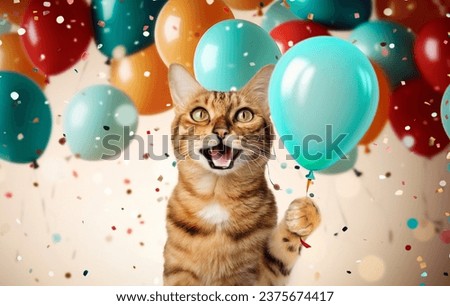 Funny portrait of a happy smiling bengal cat on a festive background with balloons and confetti. Festive background with a cat for birthday or new year.