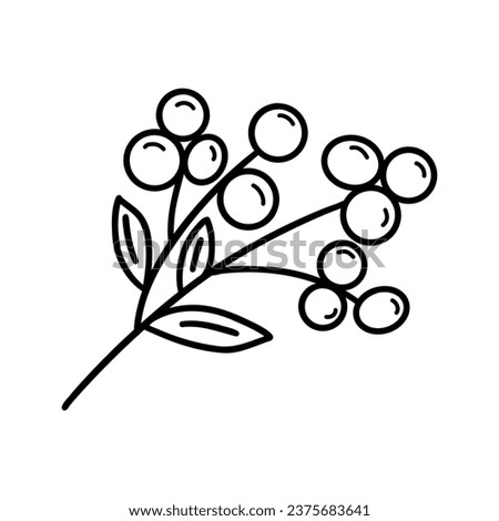 Sprig of rowan with berries. Autumn or winter plant. Icon on white background. Black and white vector isolated hand drawn doodle. Botanical design element clip art