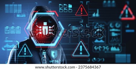 Hooded man hacker with glowing bug icon, cyber crime and confidential information protection, indicators and warning sign. Concept of business privacy and antivirus