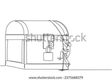 Single one line drawing Arab businesswoman climbs treasure chest with rope. Do the best business to achieve lots of rewards. Result of hard work. Work hard. Continuous line design graphic illustration