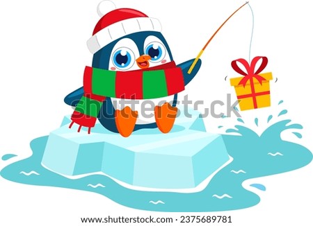 Cute Christmas Penguin Cartoon Character Fishing Gift On The Ice. Vector Illustration Flat Design Isolated On Transparent Background