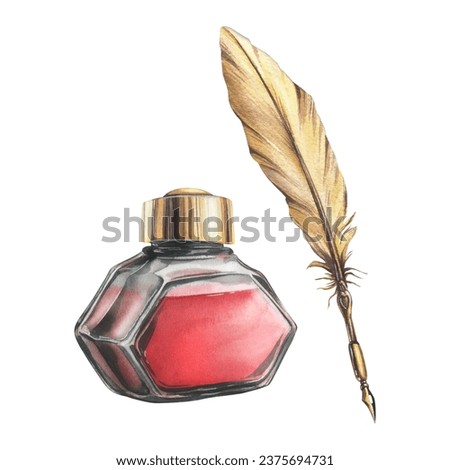 Glass transparent inkwell, red ink jar with gold lid, Gold pen with quill feather. Hand drawn watercolor illustration. Set of isolated object on a white background from the Valentine's Day collection Royalty-Free Stock Photo #2375694731
