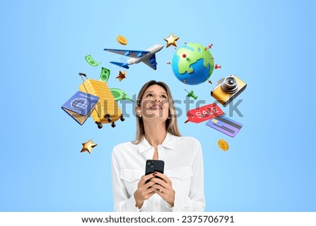 Dreaming businesswoman looking up at diverse travel icons. Using smartphone, mobile app or website to order tickets. Concept of online booking and planning a vacation