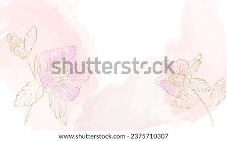 Spring floral in watercolor vector background. Luxury flower wallpaper design with pink flowers, line art, golden texture. Elegant gold botanical illustration suitable for fabric	