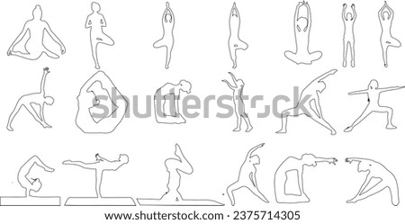 yoga poses hand drawn line art vector illustration. Perfect for fitness, health, and meditation. Features silhouettes of people practicing 19 different yoga poses 