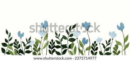 Watercolor blue flowers and rich green leaves and twigs. Wildflowers with watercolor texture. Botanical banner for wallpaper design, decor, coverings, packaging, interior design	
