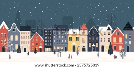 Christmas town border, seamless panoramic scene for seasonal greetings, packaging. Facades of european houses, falling snow and celebrating people. Vector illustration of decorated city