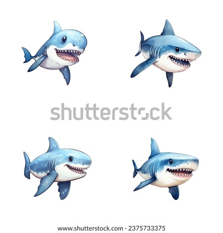 set of happy cute shark watercolor illustrations for printing on baby clothes, pattern, sticker, postcards, print, fabric, and books