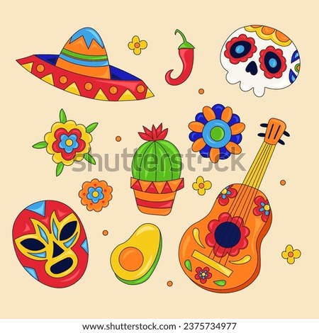 Mexican Elements Set Isolated On White Background. Vector Illustration In Flat Style.