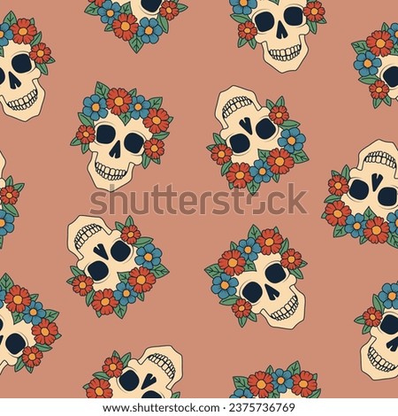 Skull with flowers seamless pattern. Day of the Dead Skull, Dia de los Muertos. Halloween elements on pink background. Vector illustration