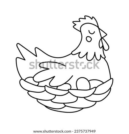 Hen in a nest with eggs. Doodle vector illustration. Isolated on a white background.