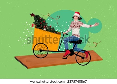 Creative collage picture of funky cheerful girl ride bicycle decorated christmas tree basket isolated on green background