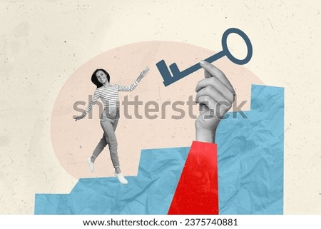 Abstract creative composite photo collage of good mood woman climb up on ladder dream about own apartment isolated on painted background Royalty-Free Stock Photo #2375740881