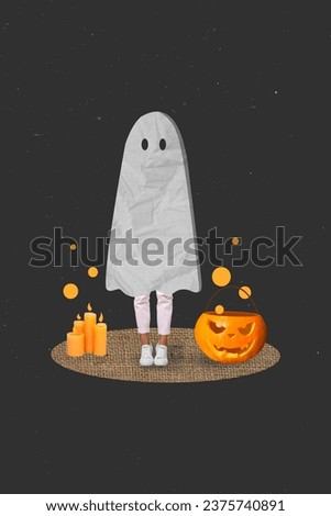 Creative drawing collage picture of ghost costume spirit candle fire pumpkins halloween party surrealism psychedelic