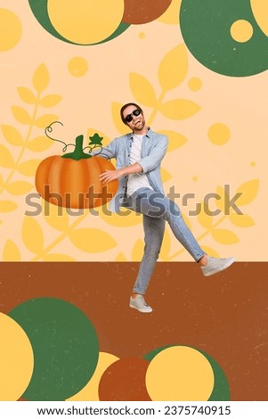 Vertical collage picture of excited positive guy dancing hands hold pumpkin harvest isolated on painted beige background