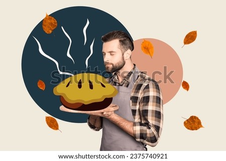 Artwork collage picture of baker guy apron hands hold fresh baked pie enjoy smell flying leaves isolated on creative background