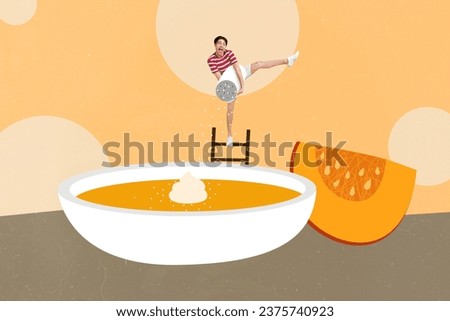 Artwork collage picture of excited mini guy climb ladder add salt huge pumpkin pie bowl isolated on beige background