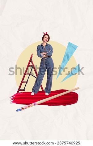 Vertical creative composite illustration photo collage of happy confident girl makes repair draw picture isolated on painting background