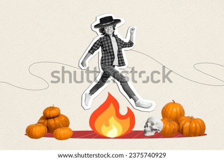 Sketch picture collage of funky crazy happy boy running celebrate halloween night party isolated on drawing doodle background