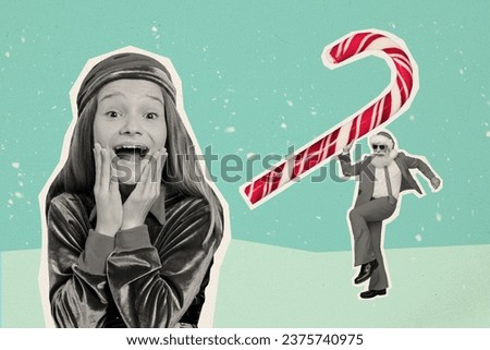 Collage artwork graphics picture of cheerful funky small lady santa having new year fun party isolated turquoise color background