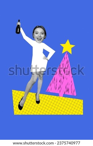 Photo cartoon comics sketch collage picture of funny happy lady celebrating new year isolated blue color background