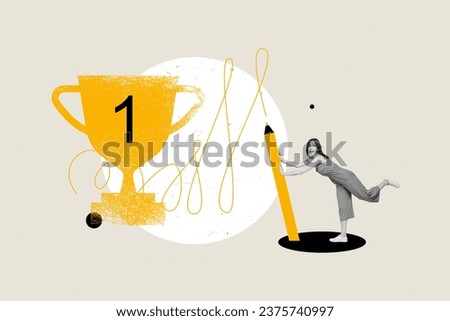 Creative composite photo collage of ecstatic overjoyed woman push pen win firs place in competition isolated on painted background Royalty-Free Stock Photo #2375740997