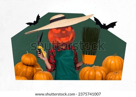 Sketch 3d picture collage of woman pumpkin instead head cutting green plant isolated on painted background