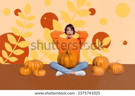 Creative collage picture of astonished girl hands touch head hold pumpkin painted plant leaves isolated on beige background